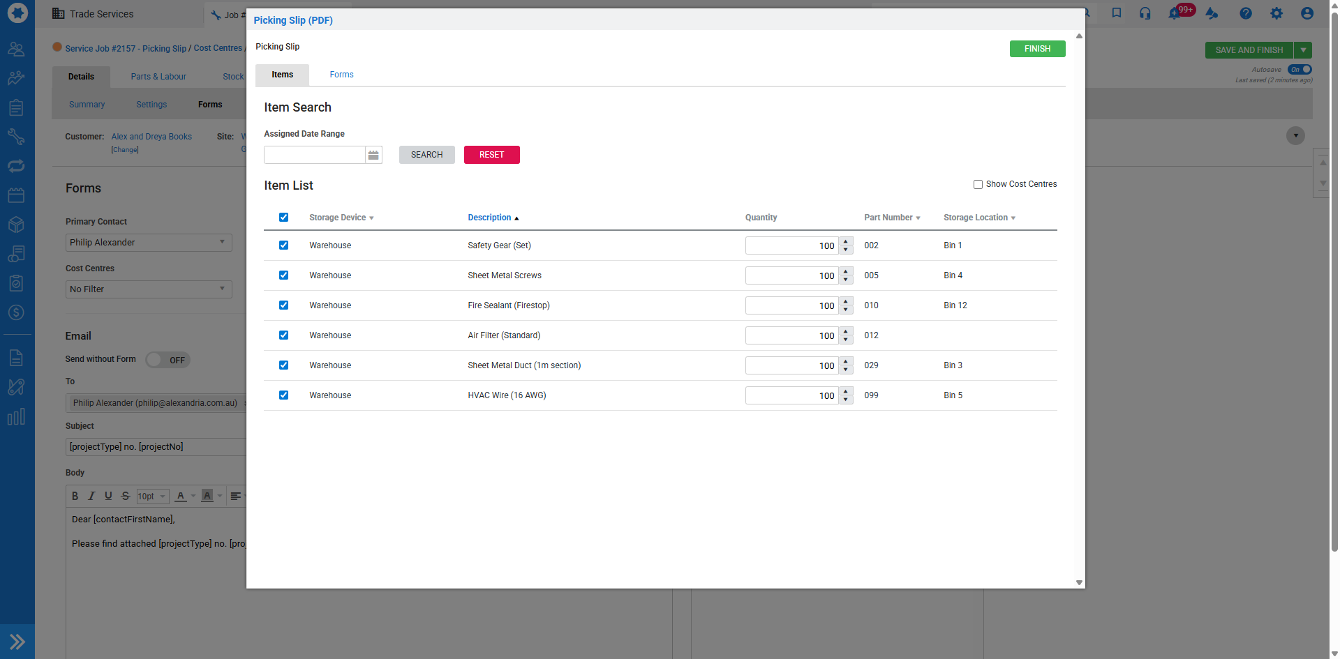 A screenshot of the picking slip PDF window.